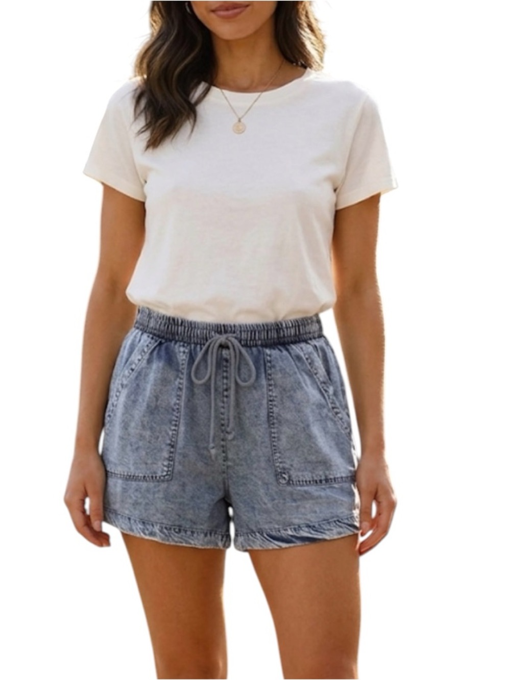 Casual Women's Drawstring Denim-Style Shorts - Size L NWT Blue Pull On Stretch